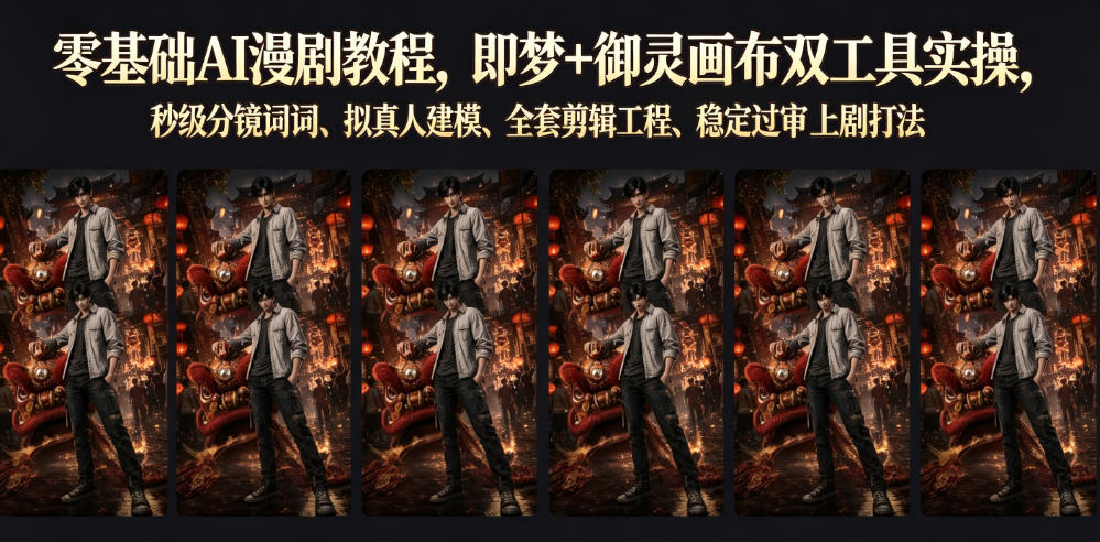 零基础AI漫剧教程，即梦+御灵画布双工具实操，秒级分镜提示词、拟真人建模、全套剪辑工程、稳定过审上剧打法-大表哥网创