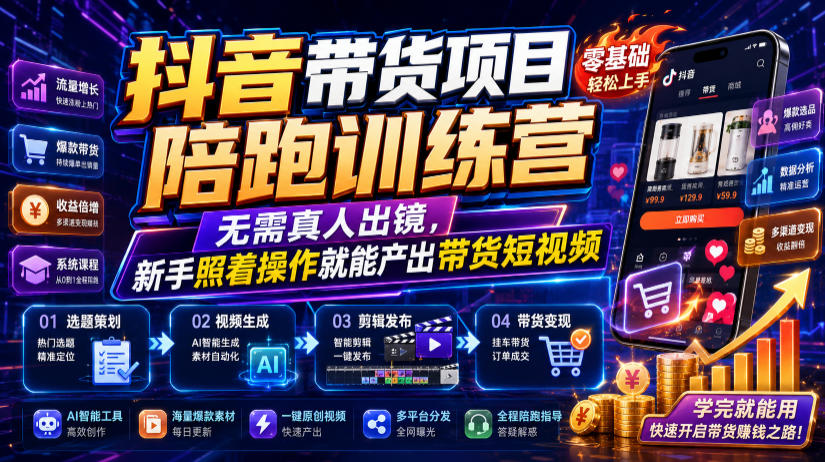 抖音带货项目陪跑训练营，无需真人出镜，新手照着操作就能产出带货短视频-大表哥网创