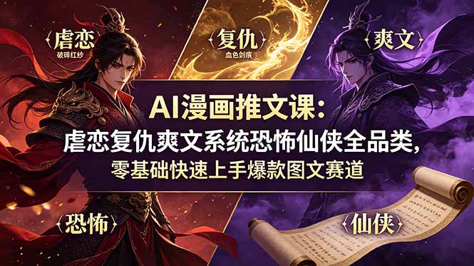 AI漫画推文课：虐恋复仇爽文系统恐怖仙侠全品类，零基础快速上手爆款图文赛道-大表哥网创