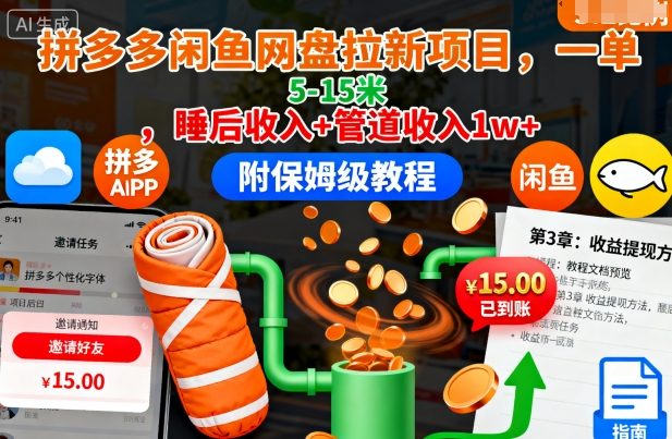 拼多多闲鱼网盘拉新项目，一单5-15米，睡后收入+管道收入1w+(附保姆级教程)-大表哥网创