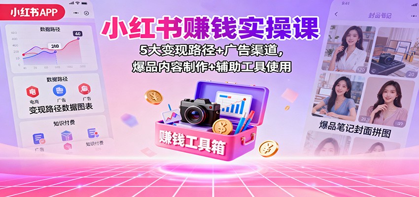 小红书赚钱实操课：5大变现路径+广告渠道，爆品内容制作+辅助工具使用-大表哥网创
