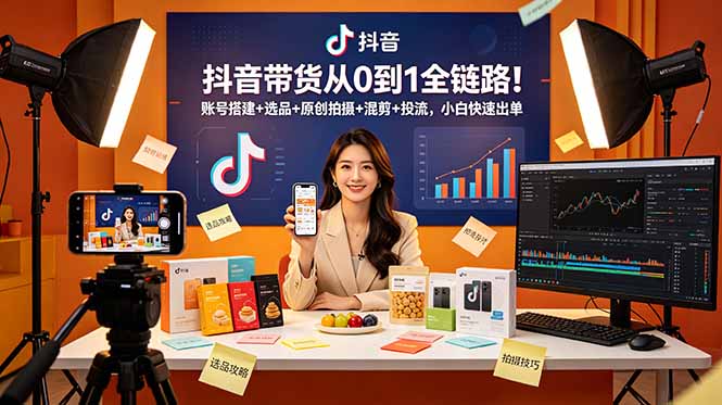 抖音带货从0到1全链路！账号搭建+选品+原创拍摄+混剪+投流，小白快速出单-大表哥网创