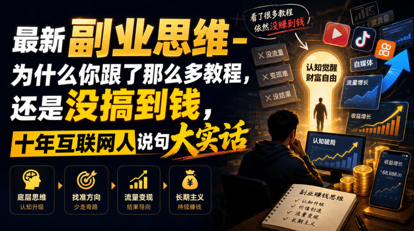 最新副业思维-为什么你跟了那么多教程，还是没搞到钱，十年互联网人说句大实话【揭秘】-大表哥网创