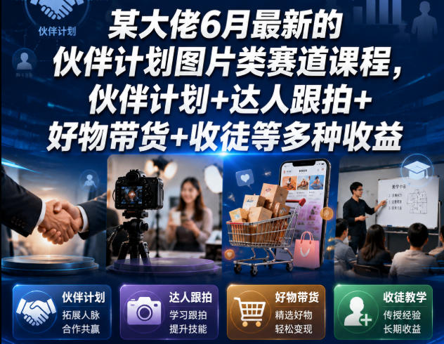 某大佬6月最新的伙伴计划图片类赛道课程，伙伴计划+达人跟拍+好物带货+收徒等多种收益-大表哥网创