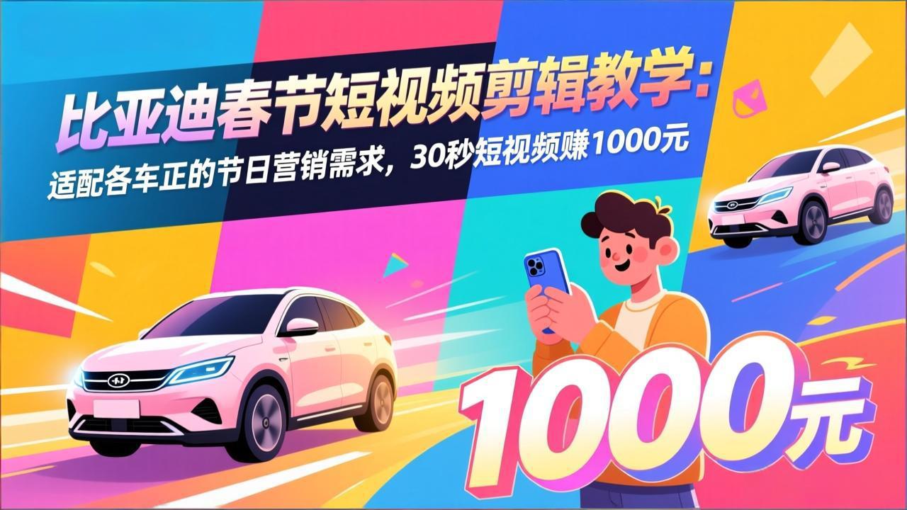 比亚迪春节短视频剪辑教学：适配各车企的节日营销需求，30秒短视频赚1000元-大表哥网创