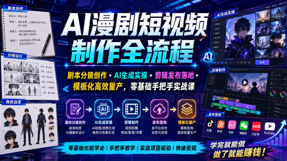 AI漫剧短视频制作全流程｜剧本分镜创作・AI生成实操・剪辑发布落地・模板化高效量产，零基础手把手实战课-大表哥网创