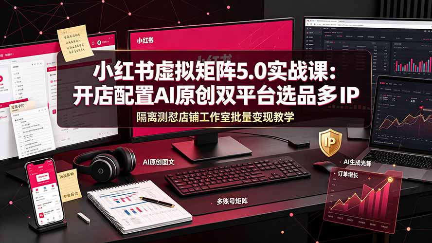小红书虚拟矩阵5.0实战课:开店配置|AI原创|双平台选品|多IP隔离|测怼店铺工作室批量变现实操教学-大表哥网创