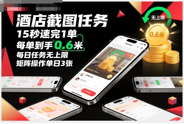 酒店截图任务，15秒速完1单，每单到手0.6米，每日任务无上限，全网首发玩法，矩阵操作单日3张【揭秘】-大表哥网创