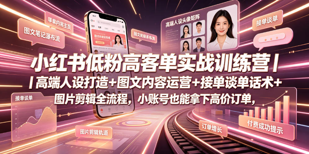 小红书低粉高客单实战训练营｜高端人设打造+图文内容运营+接单谈单话术+图片剪辑全流程，小账号也能拿下高价订单-大表哥网创