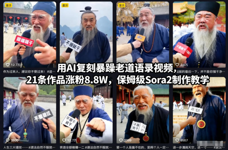 用AI复刻暴躁老道语录视频，21条作品涨粉8.8W，保姆级Sora2制作教学-大表哥网创