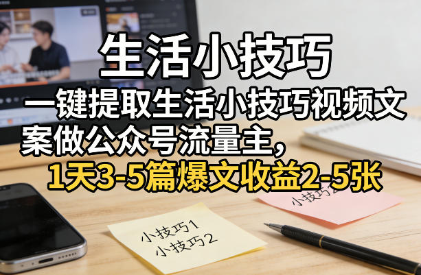 一键提取生活小技巧视频文案做公众号流量主，1天3-5篇爆文收益2-5张-大表哥网创
