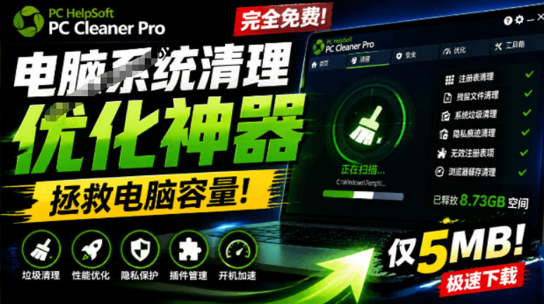 轻松吊打Win系统自带工具！电脑清理神器，拯救电脑容量，仅5MB，完全免费使用PC Cleaner Pro-大表哥网创