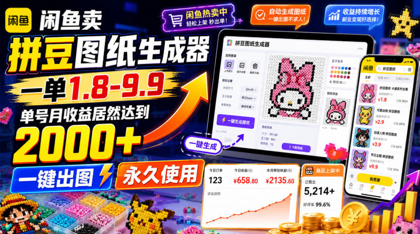 闲鱼卖拼豆图纸生成器,一单1.8-9.9,单号月收益居然达到2000+一键出图永久使用-大表哥网创