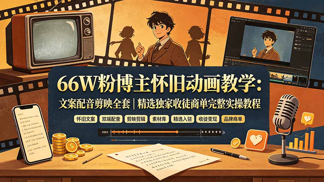 66W粉博主怀旧动画教学:文案配音剪映全套|精选独家收徒商单完整实操教程-大表哥网创