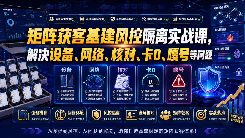 矩阵获客基建风控隔离实战课,解决设备、网络、核对、卡0、嘎号等问题-大表哥网创