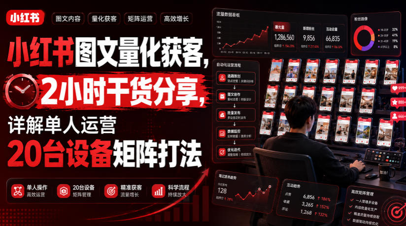 小红书图文量化获客，2小时干货分享，详解单人运营20台设备矩阵打法-大表哥网创