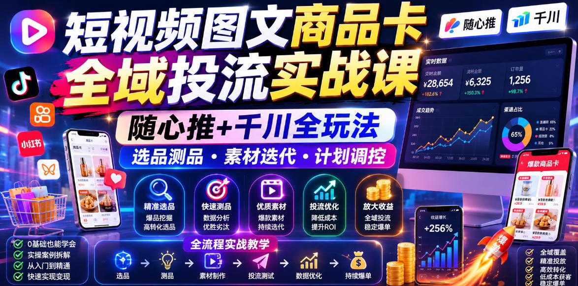 短视频图文商品卡全域投流实战课，随心推+千川全玩法，选品测品・素材迭代・计划调控，提升ROI爆单增收教程-大表哥网创