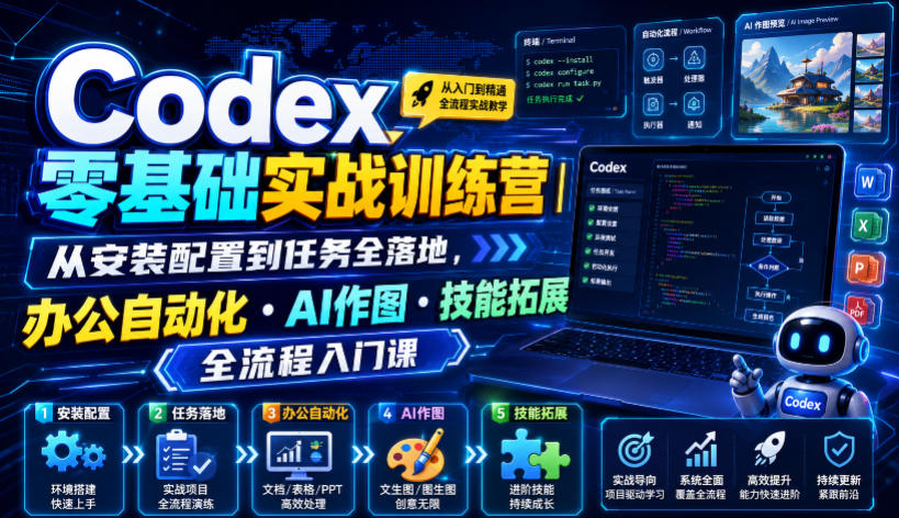 Codex零基础实战训练营|从安装配置到任务全落地,办公自动化・AI作图・技能拓展全流程入门课-大表哥网创
