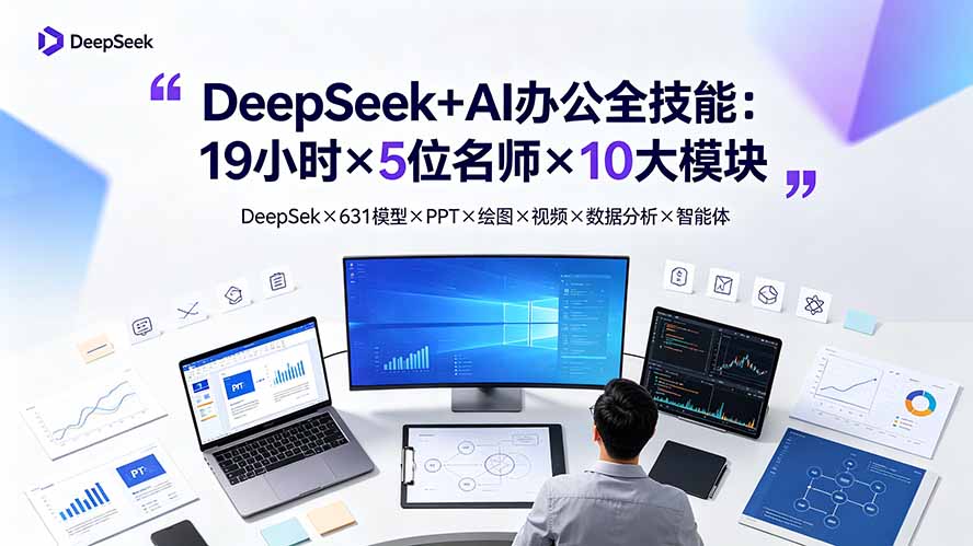 DeepSeek+AI办公全技能：19小时×5位名师×10大模块，DeepSeek×631模型×PPT×绘图×视频×数据分析×智能体-大表哥网创