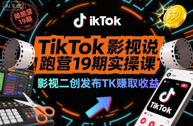 TikTok影视解说陪跑营19期实操课，影视二创发布TK賺取收益，万播收益50美金-大表哥网创