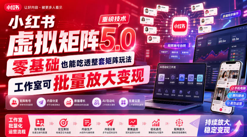 小红书虚拟矩阵5.0重磅技术，零基础也能吃透整套矩阵玩法，工作室可批量放大变现-大表哥网创