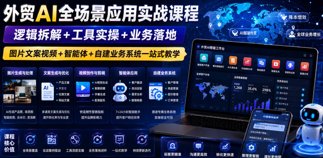 外贸AI全场景应用实战课程｜逻辑拆解+工具实操+业务落地，图片文案视频+智能体+自建业务系统一站式教学-大表哥网创