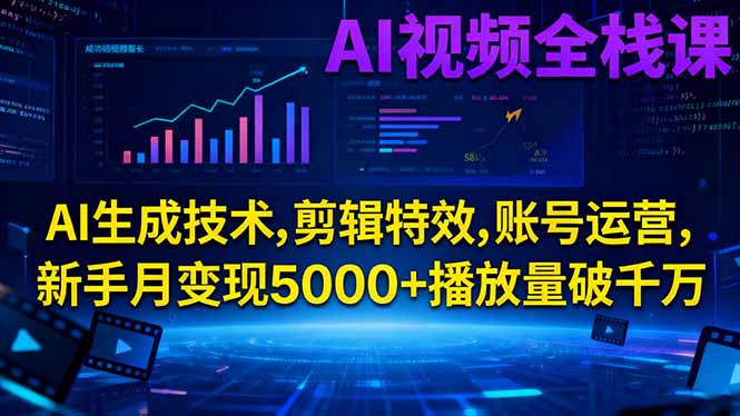 AI视频全栈课:AI生成技术,剪辑特效,账号运营,新手月变现5000+播放量破千万-大表哥网创
