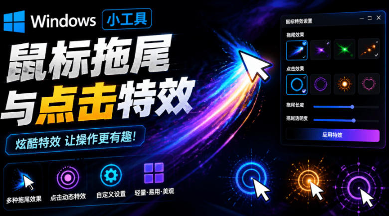 Windows特效小工具！一键给你的鼠标添加拖尾与点击动态特效，吾爱出品，免费使用Mouse Trail-大表哥网创