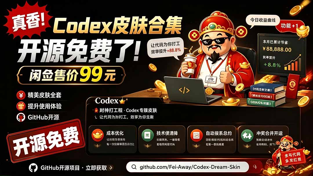 闲鱼售卖99元的Codex皮肤包，GitHub 免费开源了！让你的codex变成精美界面 Codex Dream Skin-大表哥网创