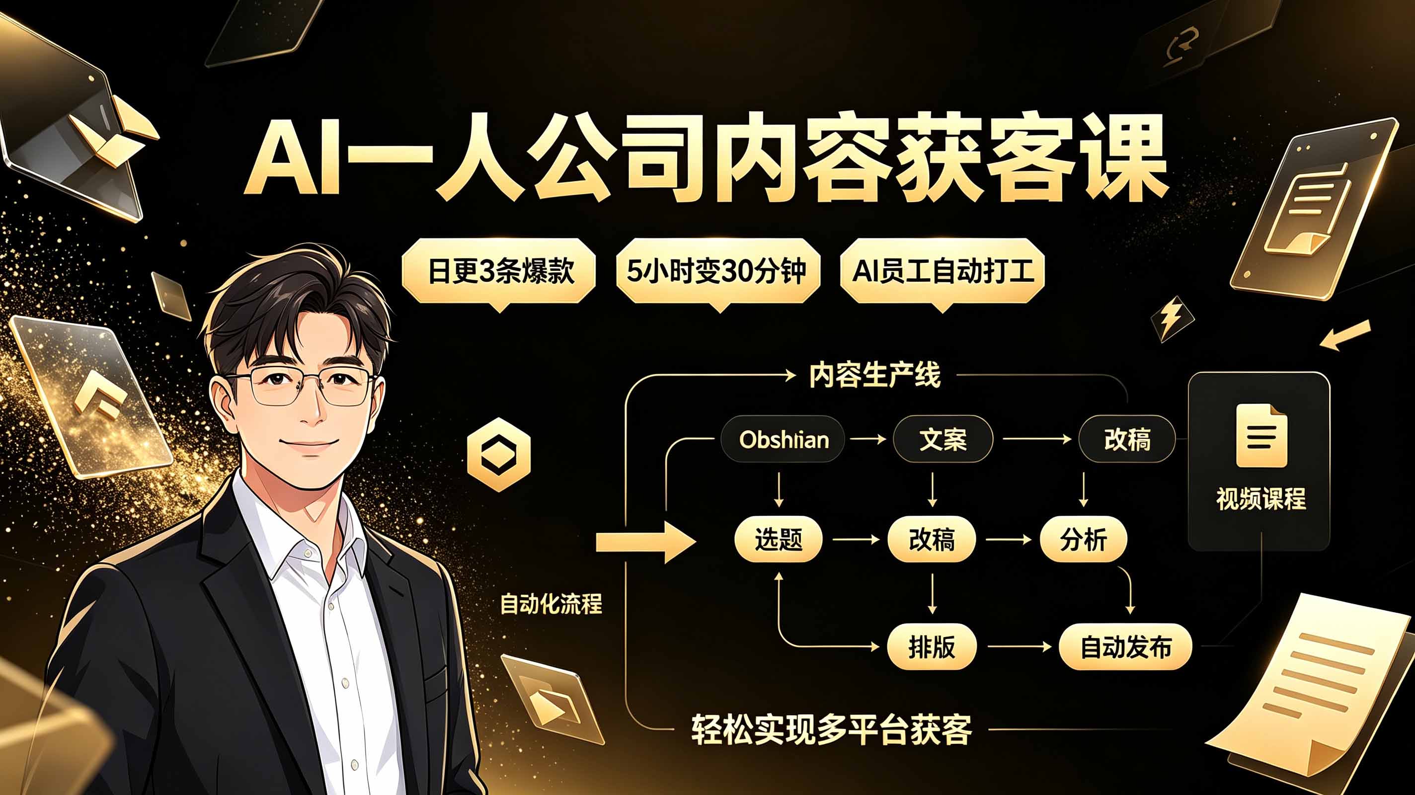 AI一人公司内容获客课：日更3条爆款×5小时变30分钟×AI员工自动打工，轻松实现多平台获客-大表哥网创