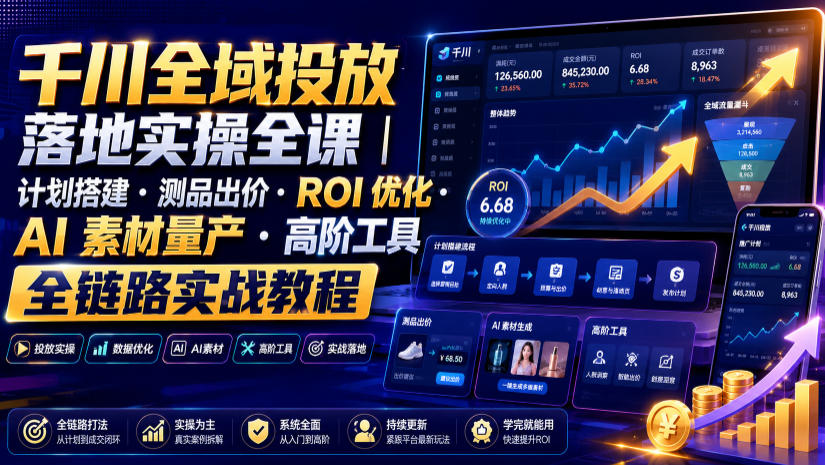 千川全域投放落地实操全课｜计划搭建・测品出价・ROI优化・AI素材量产・高阶工具全链路实战教程-大表哥网创