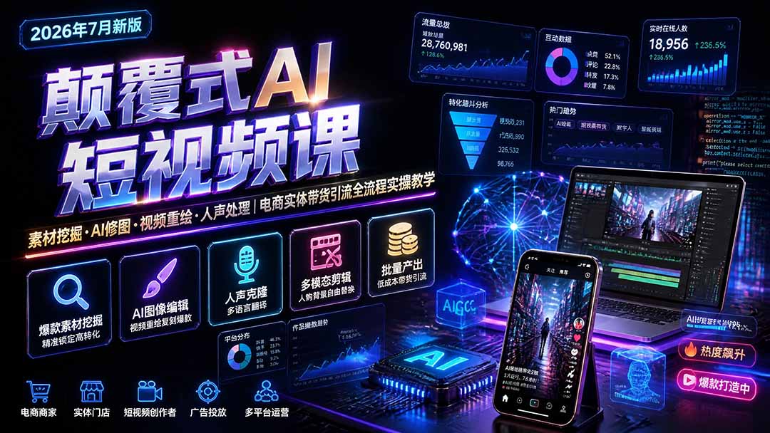颠覆式AI短视频课｜素材挖掘，AI修图，视频重绘，人声处理｜电商实体带货引流全流程实操教学-大表哥网创