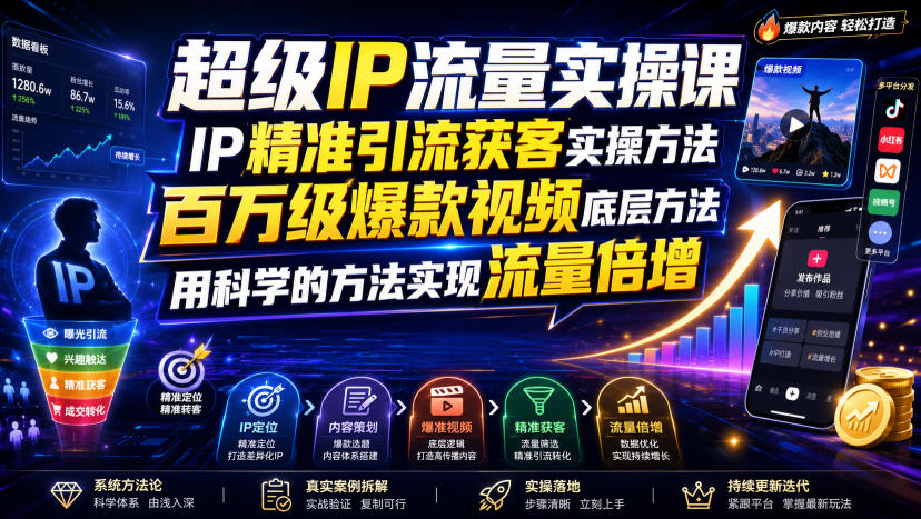 超级IP流量实操课，IP精准引流获客实操方法，百万级爆款视频底层方法，用科学的方法实现流量倍增-大表哥网创