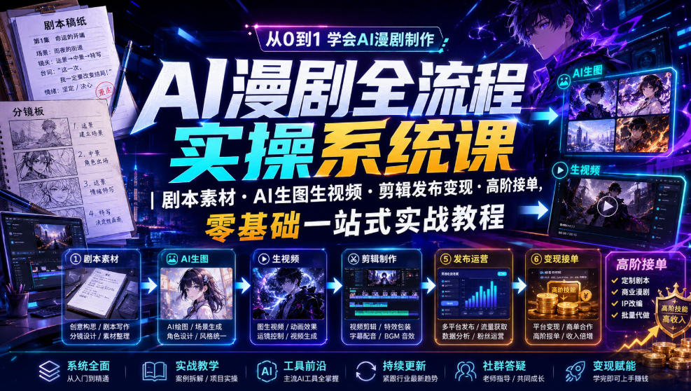 AI漫剧全流程实操系统课｜剧本素材・AI生图生视频・剪辑发布变现・高阶接单，零基础一站式实战教程-大表哥网创