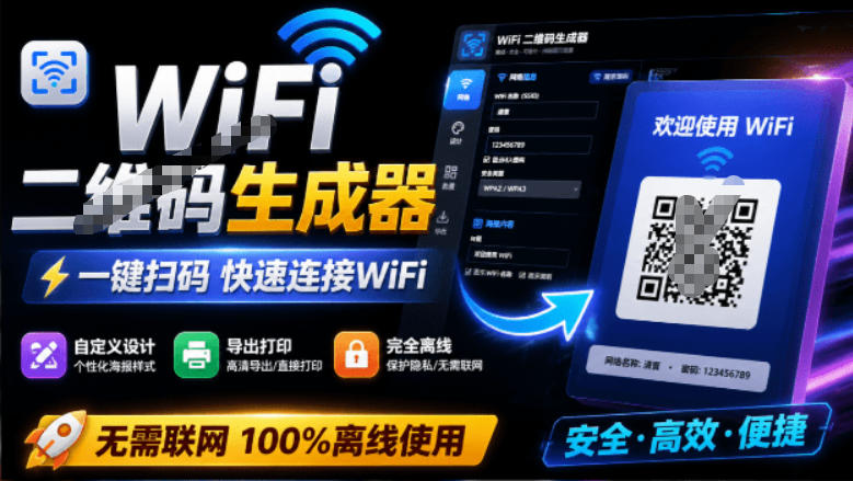 完全离线使用！WiFi二维码生成器，一键扫码快速连接WiFi，支持自定义风格导出WiFi二维码生成器-大表哥网创