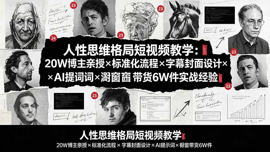 人性思维格局短视频教学：20W博主亲授×标准化流程×字幕封面设计×AI提示词×橱窗带货6W件实战经验-大表哥网创