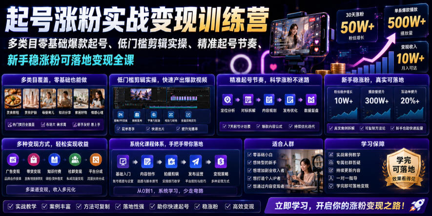 苗子起号涨粉实战变现训练营，多类目零基础爆款起号、精准起号节奏、新手稳涨粉可落地变现全课(更新0719)-大表哥网创
