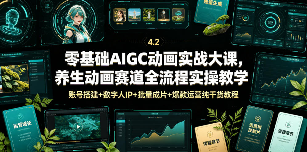 零基础AIGC动画实战大课，养生动画赛道全流程实操教学，账号搭建+数字人IP+批量成片+爆款运营纯干货教程-大表哥网创