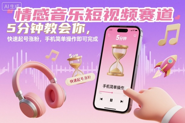 情感音乐短视频赛道，5分钟教会你，快速起号涨粉，手机简单操作即可完成-大表哥网创