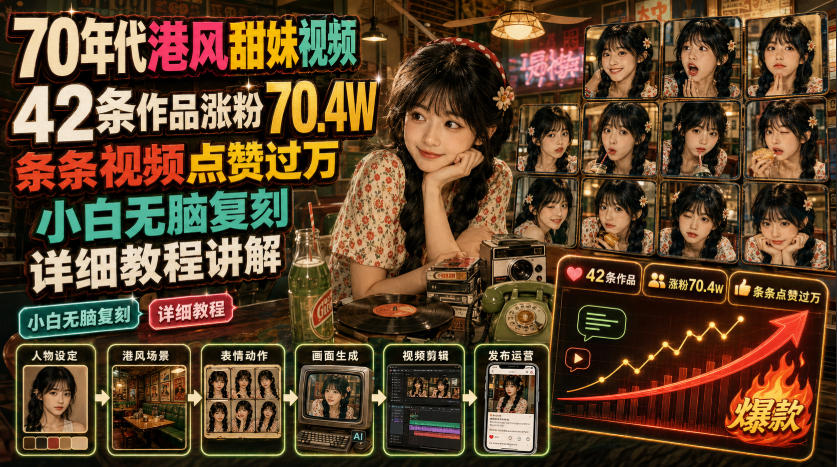 70年代港风甜妹视频，42条作品涨粉70.4W，条条视频点赞过万，小白无脑复刻，详细教程讲解-大表哥网创