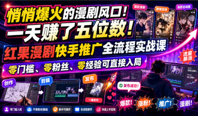 悄悄爆火的漫剧风口！一天賺了五位数！红果漫剧快手推广全流程实战课，零门槛、零粉丝、零经验可直接入局-大表哥网创