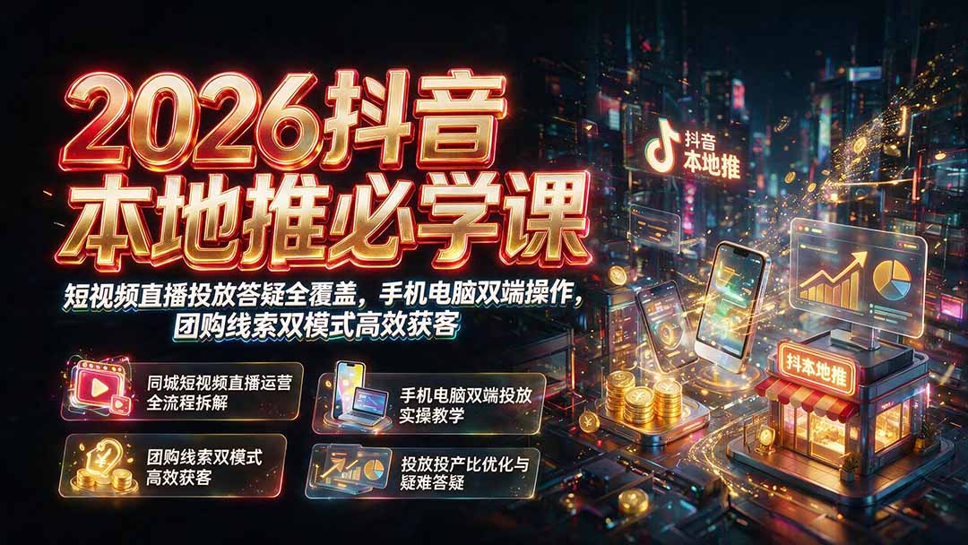 2026抖音本地推必学课｜短视频直播投放答疑全覆盖，手机电脑双端操作，团购线索双模式高效获客-大表哥网创