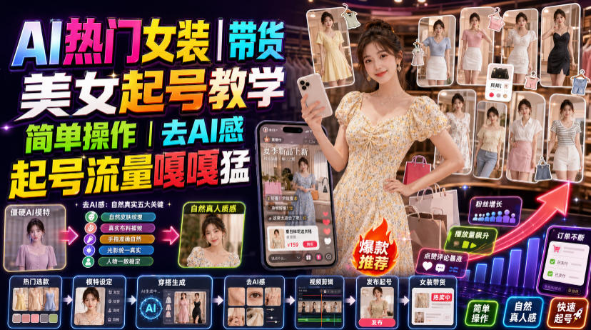 AI热门女装带货丨美女起号教学,简单操作,去AI感,起号流量嘎嘎猛-大表哥网创