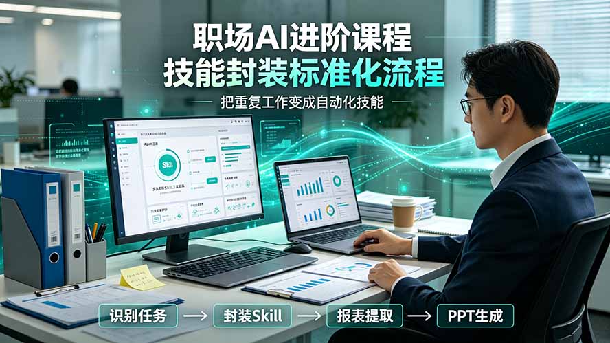 职场AI进阶课程；多类实用Skill工具实操，专属技能封装标准化流程，报表行业报告一键提取核心内容-大表哥网创