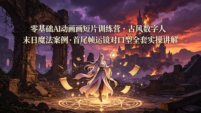 零基础AI动画短片训练营，古风数字人末日魔法案例，首尾帧运镜对口型全套实操讲解-大表哥网创