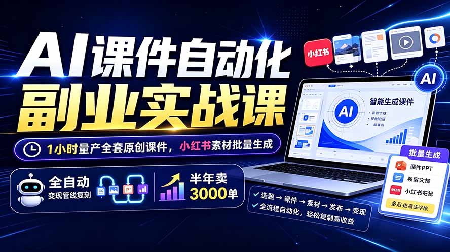 AI课件自动化副业实战课：1小时量产全套原创课件×小红书素材批量生成×全自动变现管线×半年卖3000单-大表哥网创