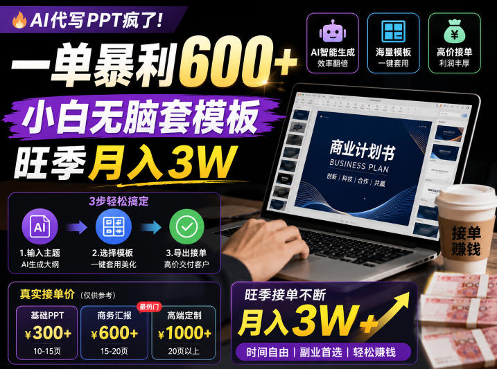 AI代写PPT疯了！一单暴利600+，小白无脑套模板，旺季月入3W，不用苦哈哈引流【揭秘】-大表哥网创