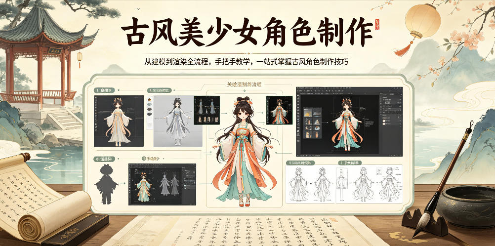 古风美少女角色制作，从建模到渲染全流程，手把手教学，一站式掌握古风角色制作技巧-大表哥网创