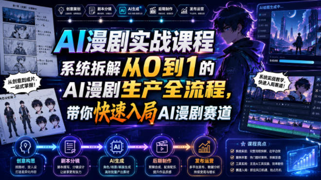 AI漫剧实战课程，系统拆解从0到1的AI漫剧生产全流程，带你快速入局AI漫剧赛道-大表哥网创