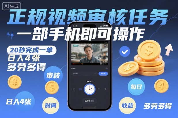 正规视频审核任务，一部手机即可操作，20秒完成一单，日入4张，多劳多得【揭秘】-大表哥网创